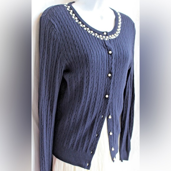 TOMMY HILFIGER Navy Blue Cabled Cardigan Sz M Pearl Rhinestone Trim Soft Cottony - Picture 2 of 6